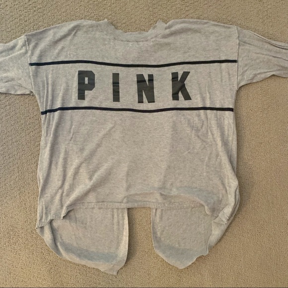 VS PINK Soft Gray Knit Sweater with Logo and Loose Open Back - Picture 3 of 4